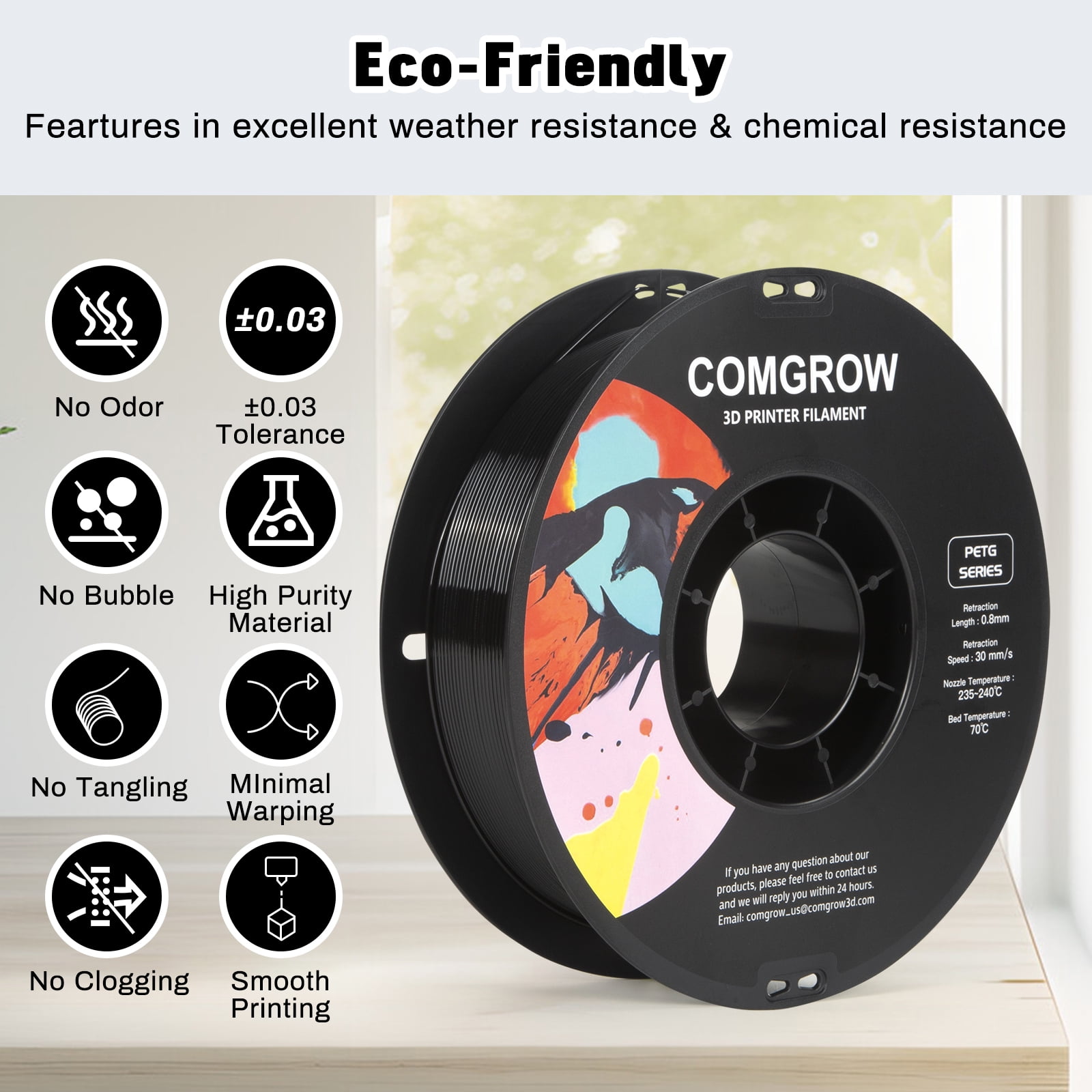 Comgrow PETG 3D Printer Filament-3D Printer Material 1.75mm Dimensional Accuracy +/- 0.02 mm, 1KG/2.2LB-Black*2