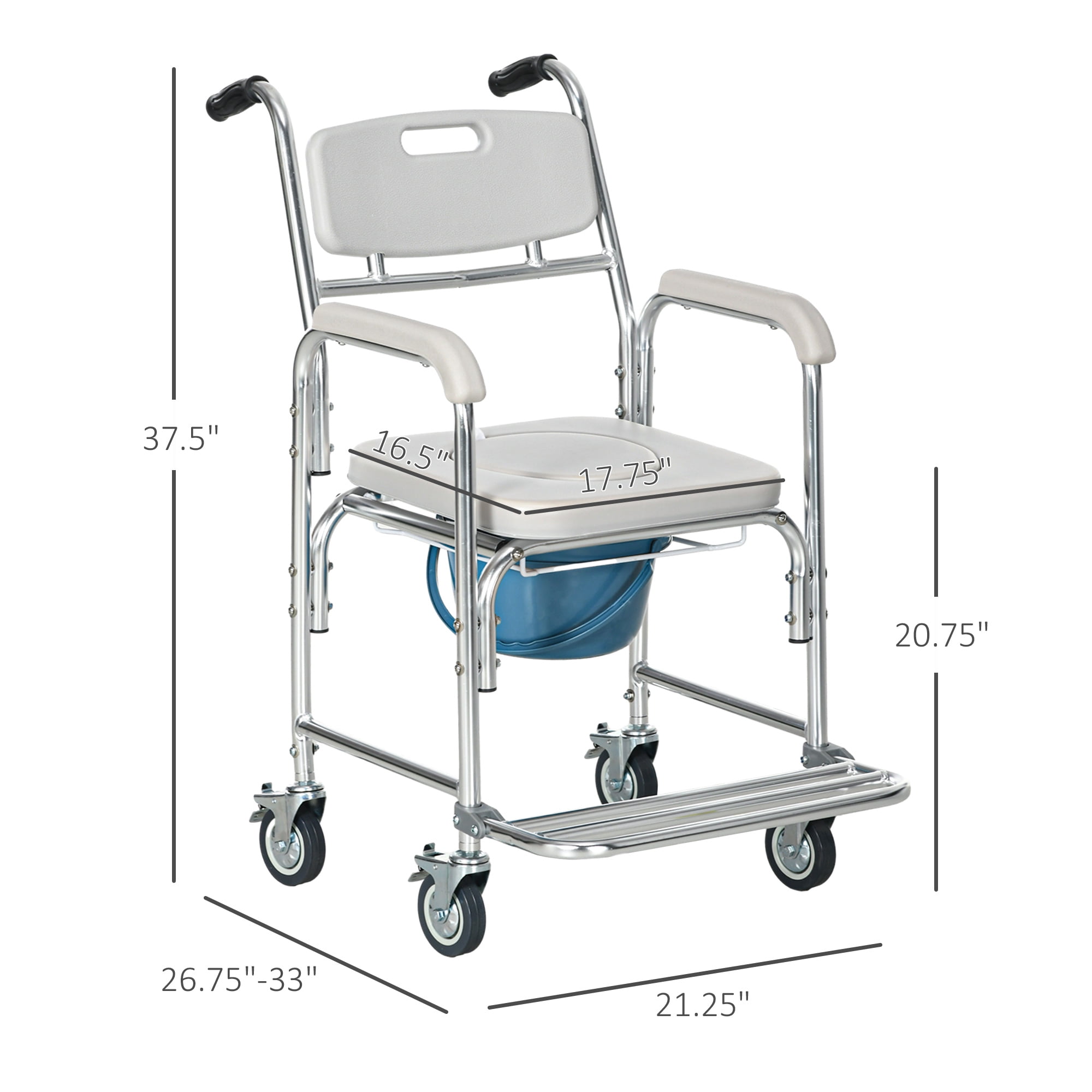 HOMCOM Shower Commode Wheelchair, Padded Seat, 330 lbs., Gray