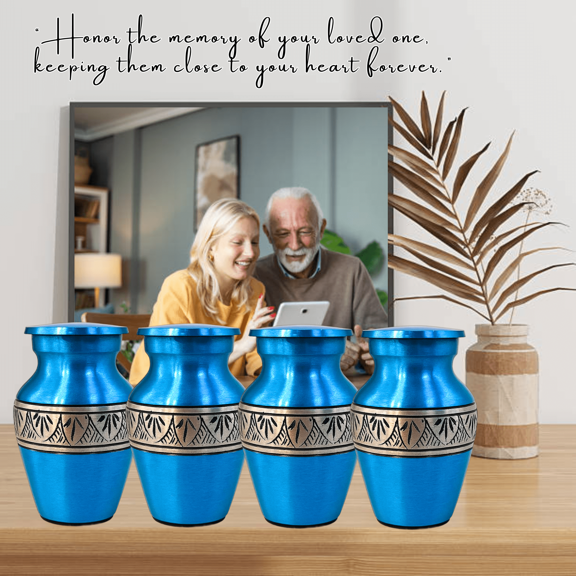 Nova Niche Small Violet Blue Aluminium Cremation Urns for Human Ashes – Mini Memorial Keepsake Set of 4 with Velvet Case