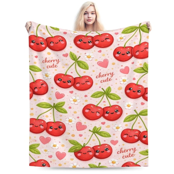 Cherry Pattern Throw Blanket, Soft Flannel Fleece Decorative Blanket with Fruit Illustration, Cozy Blanket for Sofa Couch Bed 50x40