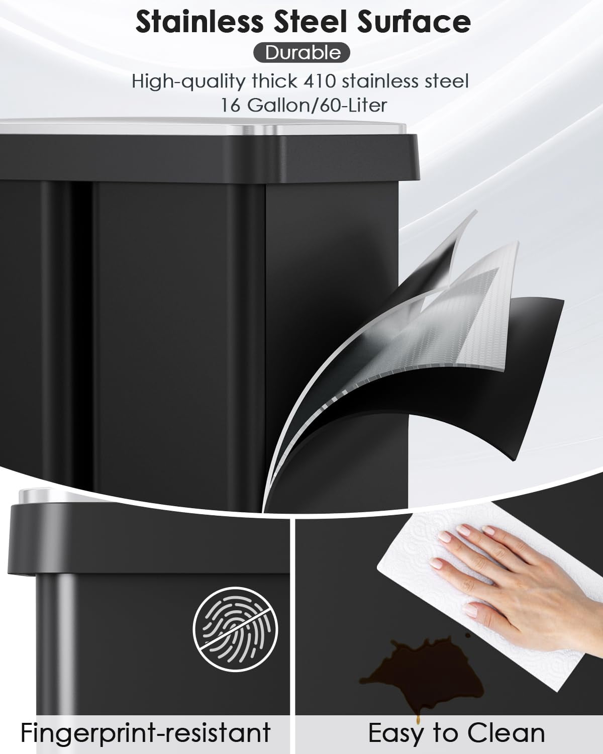 Pirecart 16 Gallon Dual Trash Can Rectangular Stainless Steel Pedal Recycle Bin, Black