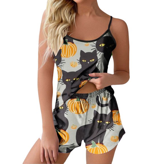 Tnhcen Women’s Halloween Pajama Set 2-Piece Festive Pumpkin Prints Sleeveless Tank Top Matching BottomsIdeal Cozy Sleepwear Lounge Wear S-2XL