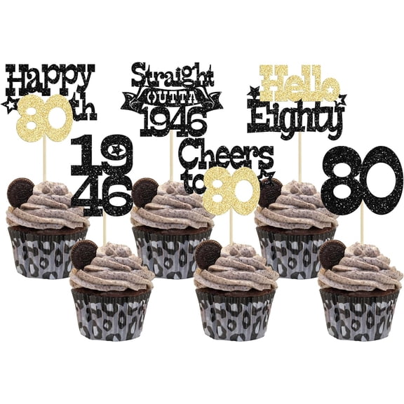 12Pcs Black & Gold Glitter 80th Birthday Cupcake Toppers, "Hello 1946, Cheers to 80" Picks for 80th Birthday Party Cake Decorations