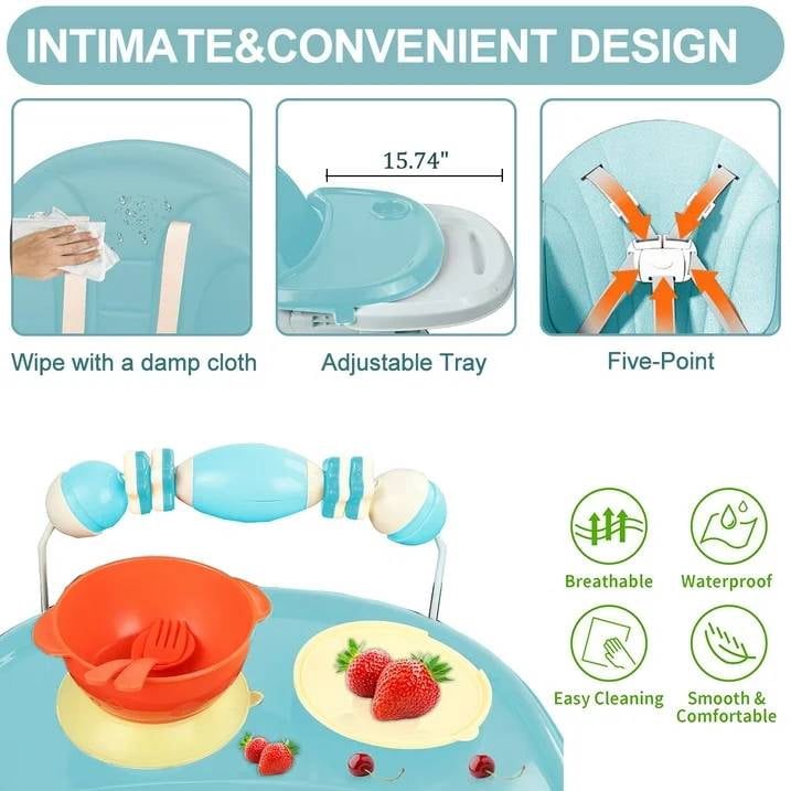 JieC Baby High Chair, 4 in 1 Convertible Highchair for Babies & Toddlers, Double Tray Dining Chair with 5-Point Harness & Silent Wheel,Cyan