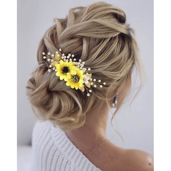 Sunflower Bride Wedding Hair Comb Crystal Pearl Bridal Hair Pieces Leaf Side Combs Hair Dress Decorative Hair Accessories for Women and Girls (3-Rose Gold)