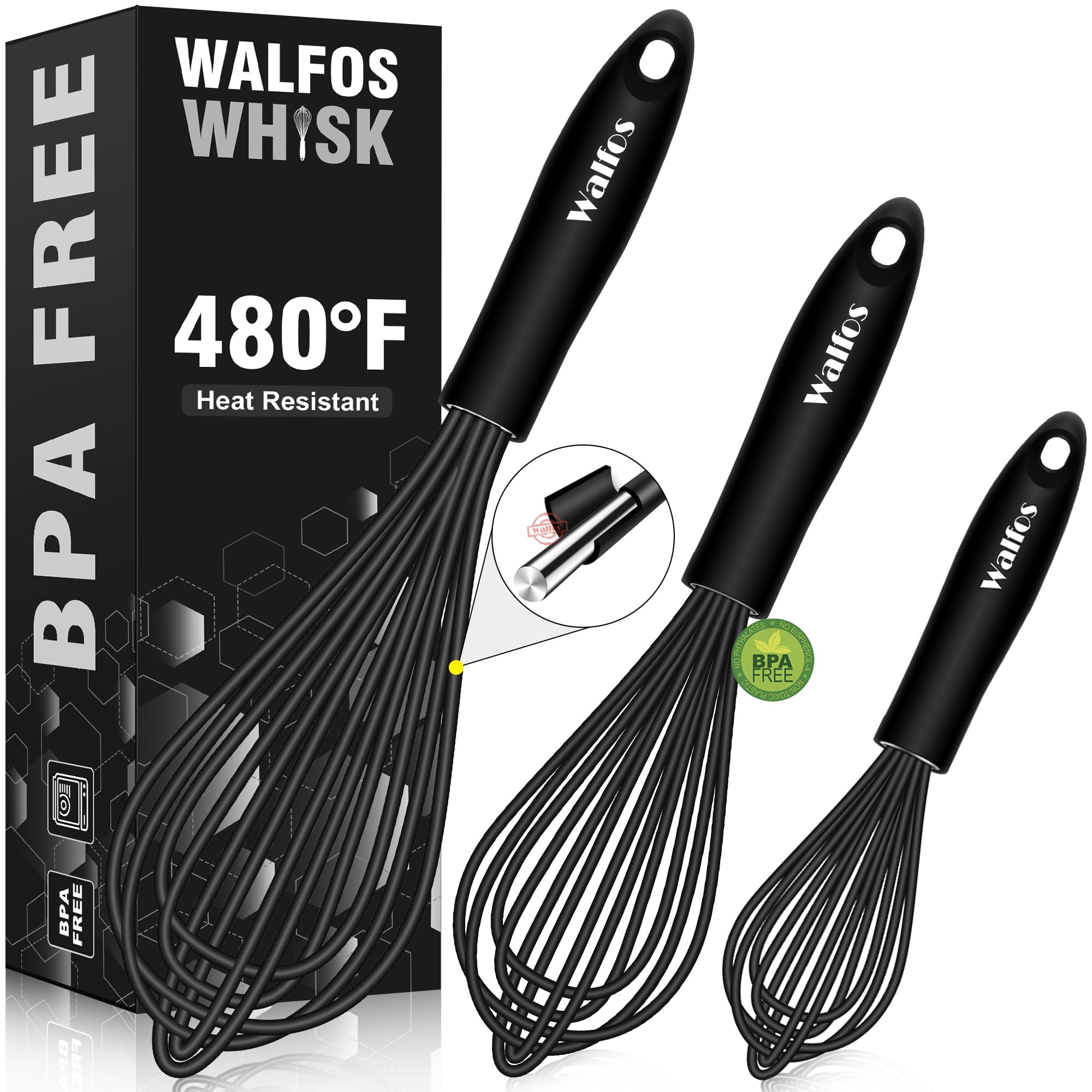 Walfos Silicone Whisk, Stainless Steel Wire Whisk Set of 3 -Heat Resistant Kitchen Whisks for Non-Stick Cookware, Balloon Egg Beater Perfect for Blending, Whisking, Beating, Frothing & Stirring