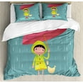 thumbnail image 1 of Rain Duvet Cover Set King Size, Illustration of a Little Girl and Her Duck Animal Friend with Umbrella in Rainy Season, Decorative 3 Piece Bedding Set with 2 Pillow Shams, Multicolor, by Ambesonne, 1 of 3