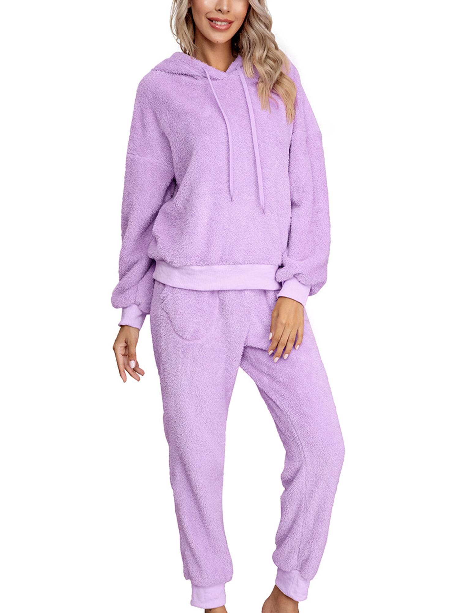 Frontwalk Women Pajamas Sets Elastic Waist Sleepwear Fuzzy Fleece