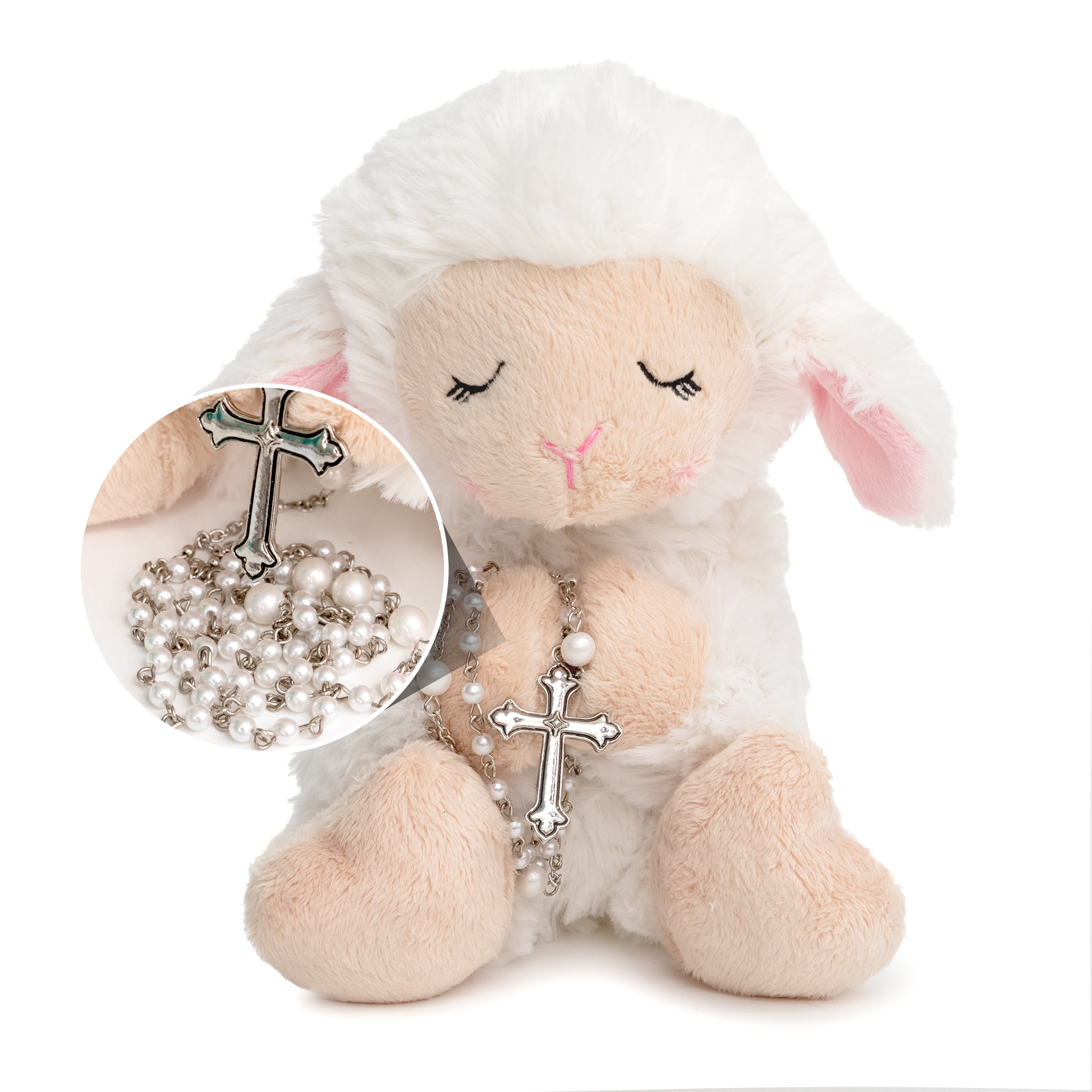 Blessed Plush Lamb 8.5 inches with Rosary Set for First Communion, Christening, Baby Baptism Gifts for Girl, Baptism Gifts for Boys from Parents, Grandparents, Godparents