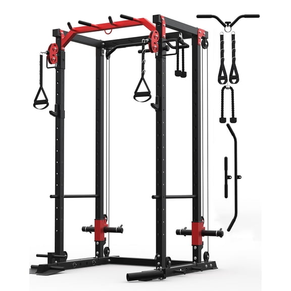 Heavy-Duty Power Rack – 2000 lbs Capacity, Multifunctional Home Gym Squat Cage with Pull-Up Bar & Adjustable J-Hooks, red