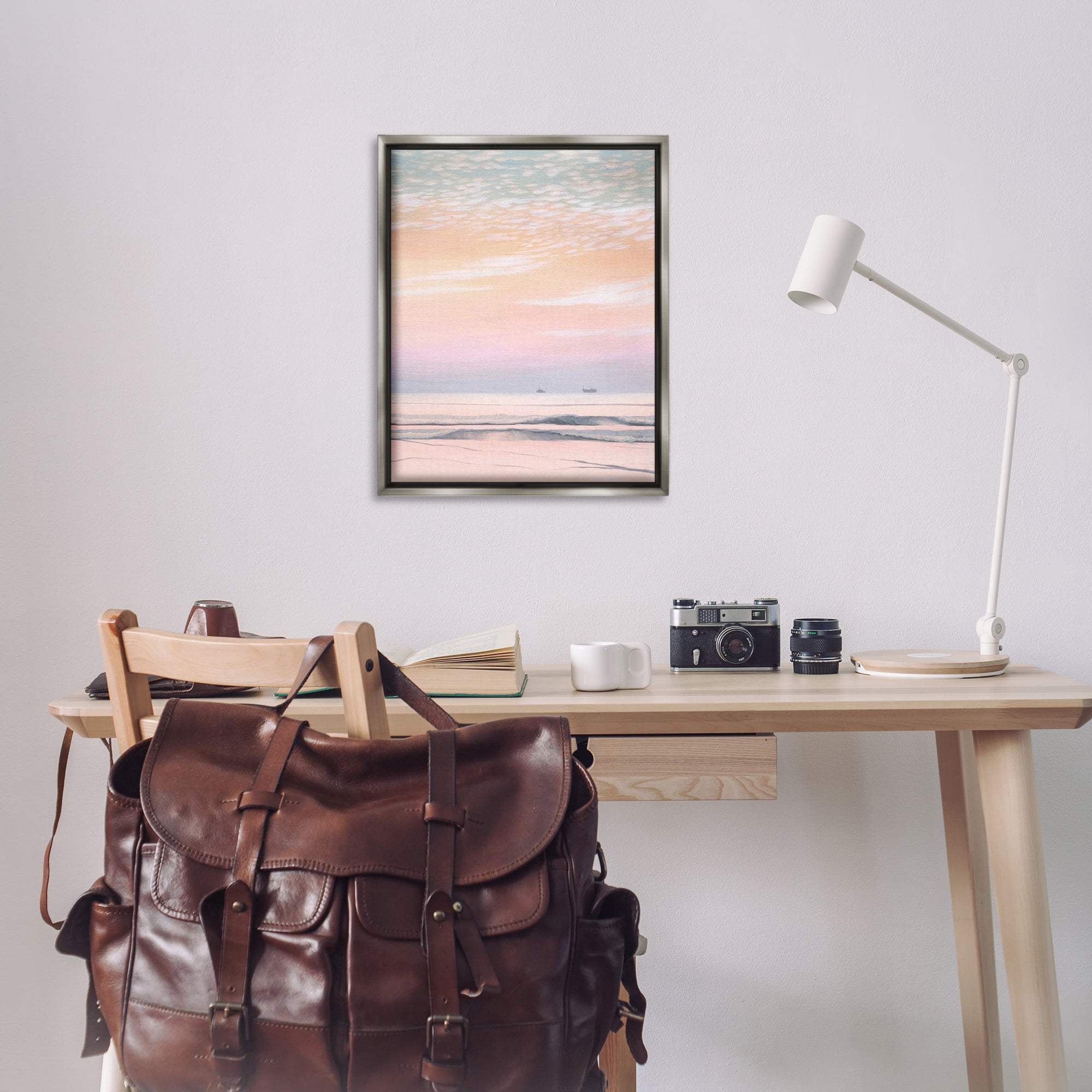 Stupell Industries Distant Ship at Sunrise Nautical & Beach Painting Gray Floater Framed Canvas Art Print Wall Art, 25 x 31