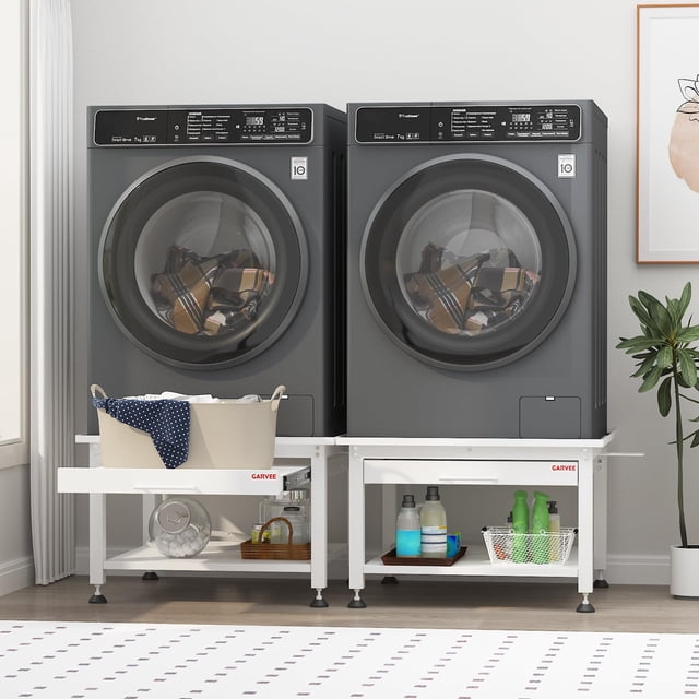 Qinaqin Resistente Lavandería Pedestal Soporte Para Washer Y Dryer – 27" Wide Metal Almacenamiento Rack Con Extraíble or Basket Estantería Anti-Vibraciones Pads Drain Pan & Hose 1000 lbs Capacity –