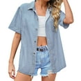 thumbnail image 2 of XMHJSMD Women Fashion Women's Button Down Denim Shirt Collared Short Sleeve Shirt Pocket Tops Summer Tops with Sleeves(Light Blue,L), 2 of 5