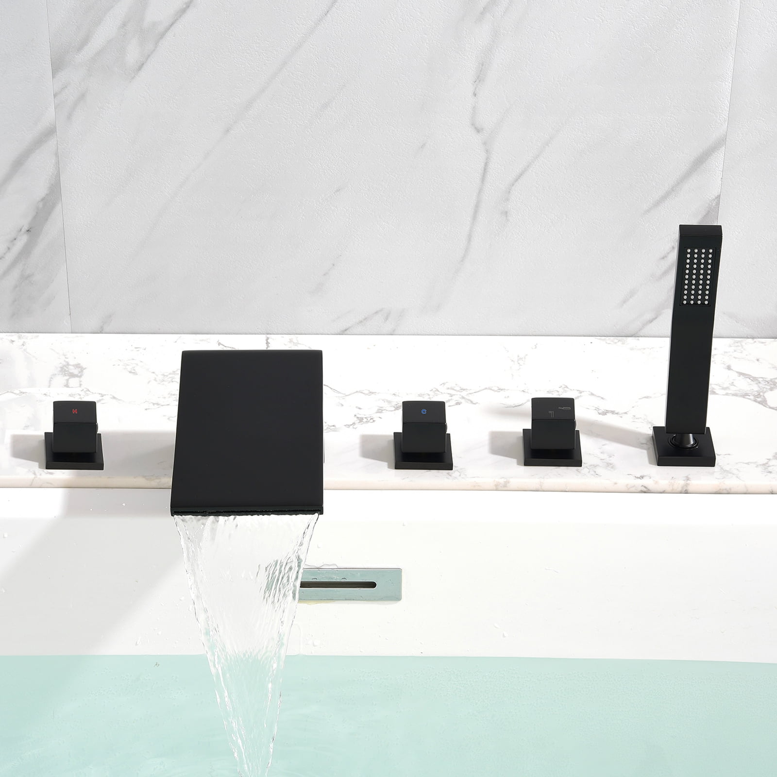 Cobbe Bathtub Faucet Set with Hot/Cold Water Switch, Diverter Knob, Handheld Shower and 4.72-Inch Wide Waterfall Spout 5-Hole Mount Matte Black