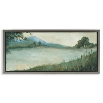 Stupell Industries Grasses by Scenic Lake Landscape & Nature Painting Gray Floater Framed Canvas Art Print Wall Art, 31 x 14