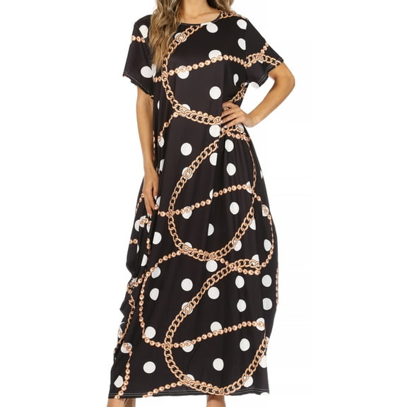 Sakkas Abeni Women's Short Sleeve Casual Print Long Maxi Cover-up Caftan Dress - Print2 - One Size