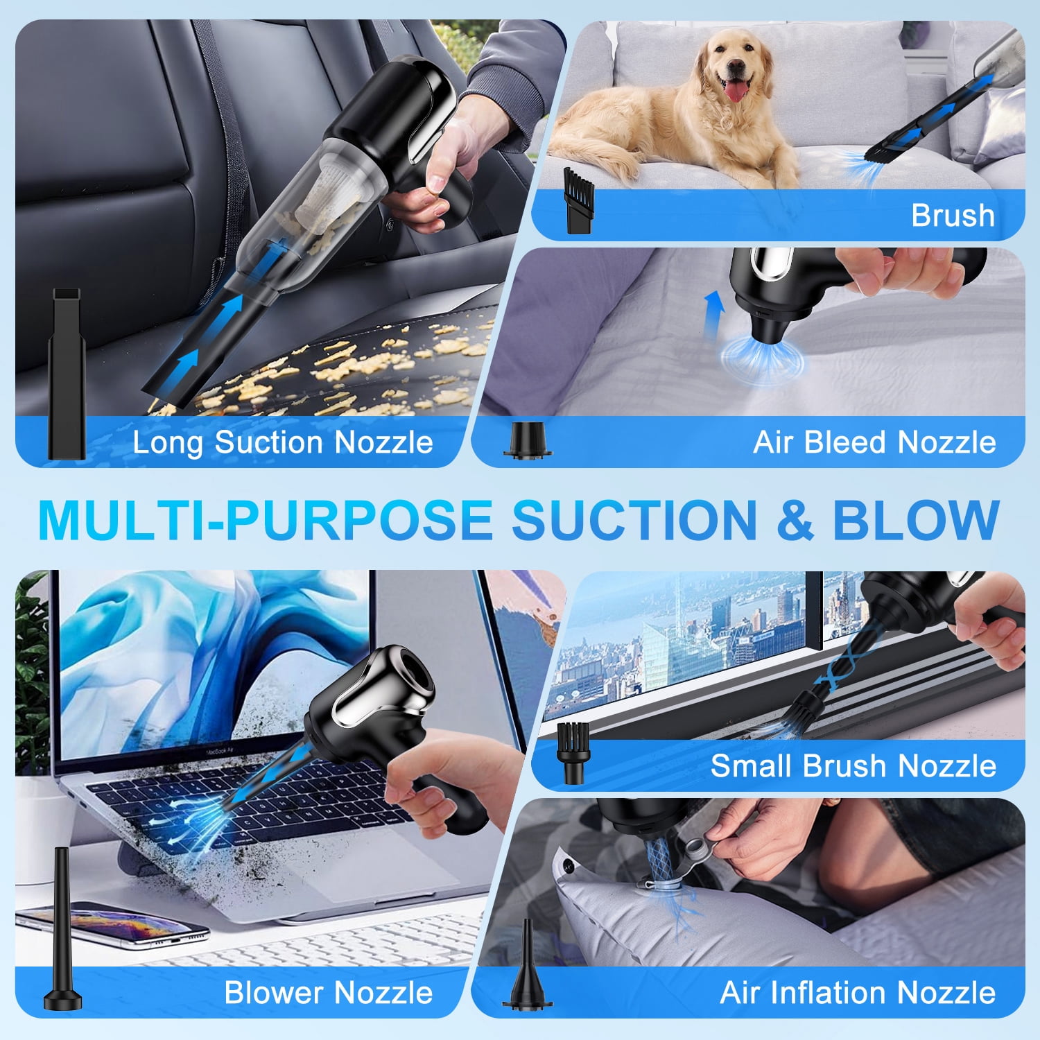 Wireless Handheld Car Vacuum Cleaner, 4 in 1 Portable Vacuum Cleaner, 20000Pa High Power Cordless Air Duster with Multi-Nozzles, Rechargeable Dust Busters for Car, Home, Office, Pet, Black