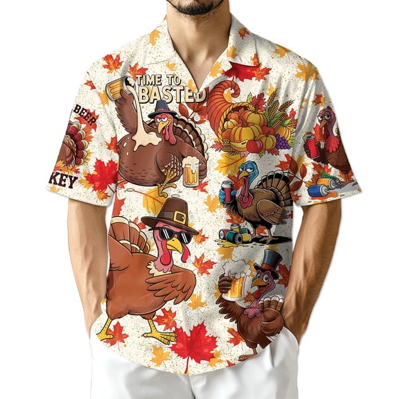 Netecom Happy Turkey Day Thanksgiving Hawaiian Shirt for Men Women, Turkey Drink Beer Button Down Shirts, S-5XL