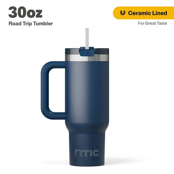 RTIC 30 oz Insulated Tumbler with Handle, Ceramic Lined, Leak-Resistant Straw Lid, Navy, Road Trip Tumbler