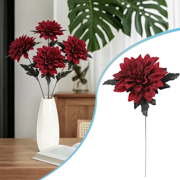 13 Inch Burgundy Silk Artificial Dahlia Flower, Realistic Long Stem with Bud & Leaves, Reusable Faux Floral Stem for Wedding Centerpiece Home Garden Dining Table DIY Decor