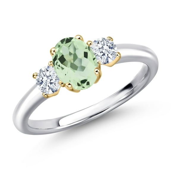 Gem Stone King 10K Two Tone Gold Green Prasiolite and White Zirconia Engagement Ring for Women | 1.40 Cttw | Oval 7X5MM | Gemstone Birthstone | Size 9