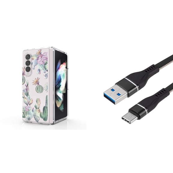 Accessory Bundle for Galaxy Z Fold 4: Slim Snap-On Case (Watercolor Cactus), Nylon Braided USB-C to USB-A Cable (3 Feet)