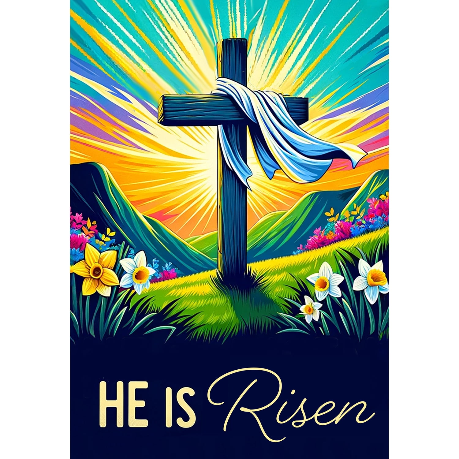 America Forever He is Risen Easter House Flag 28 x 40 inch Double Sided Religious Cross Daffodil Flowers Small Spring Holiday Seasonal Easter Day Flags for Outdoor Yard Lawn Decoration