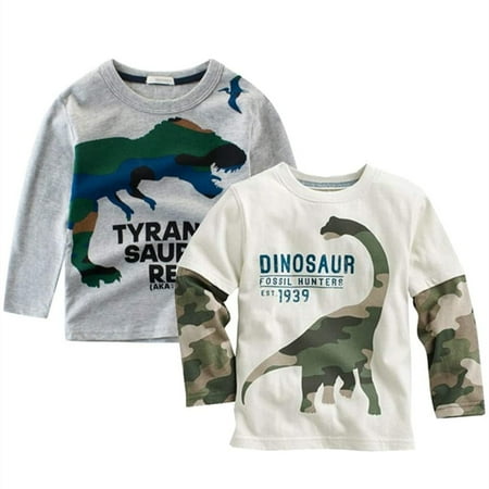 

Baby Boys Dinosaur T shirts 2-Pack Long Sleeve Cartoon Athletic Kids Tee Shirts Christmas Sweater for Toddler Boy