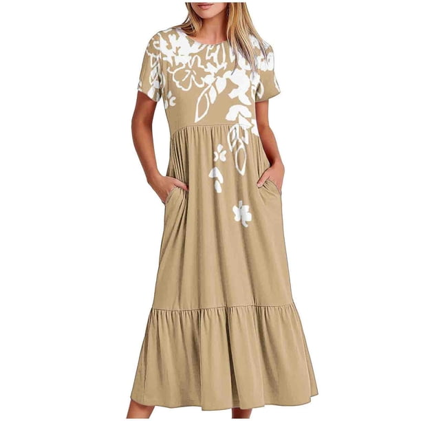 Vestido de Manga Corta para Mujeres Vestido de Verano de Cuello Redondo Impreso, Poliéster de Tamaño Verdadero Diario Y Vestido de Fiesta
