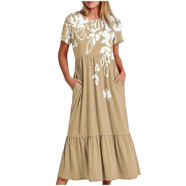 Pisexur Robes d'Été pour Femmes à Col Rond, Robe Fluide Plissée Tendance à Manches Courtes, Mode avec Poche, Robe d'Été de Plage Évasée à Imprimé Floral