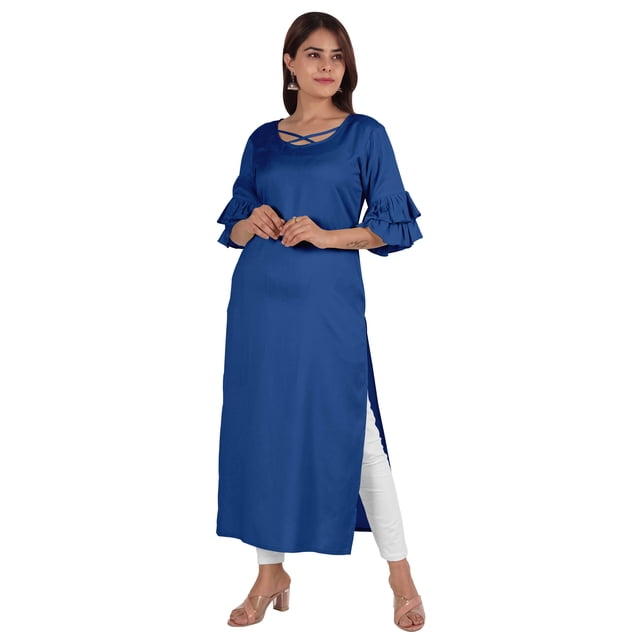 Moomaya Kurta en Rayonne Uni pour Femmes à Manches Évasées, Col à Cordon, Kurti Ethnique Long