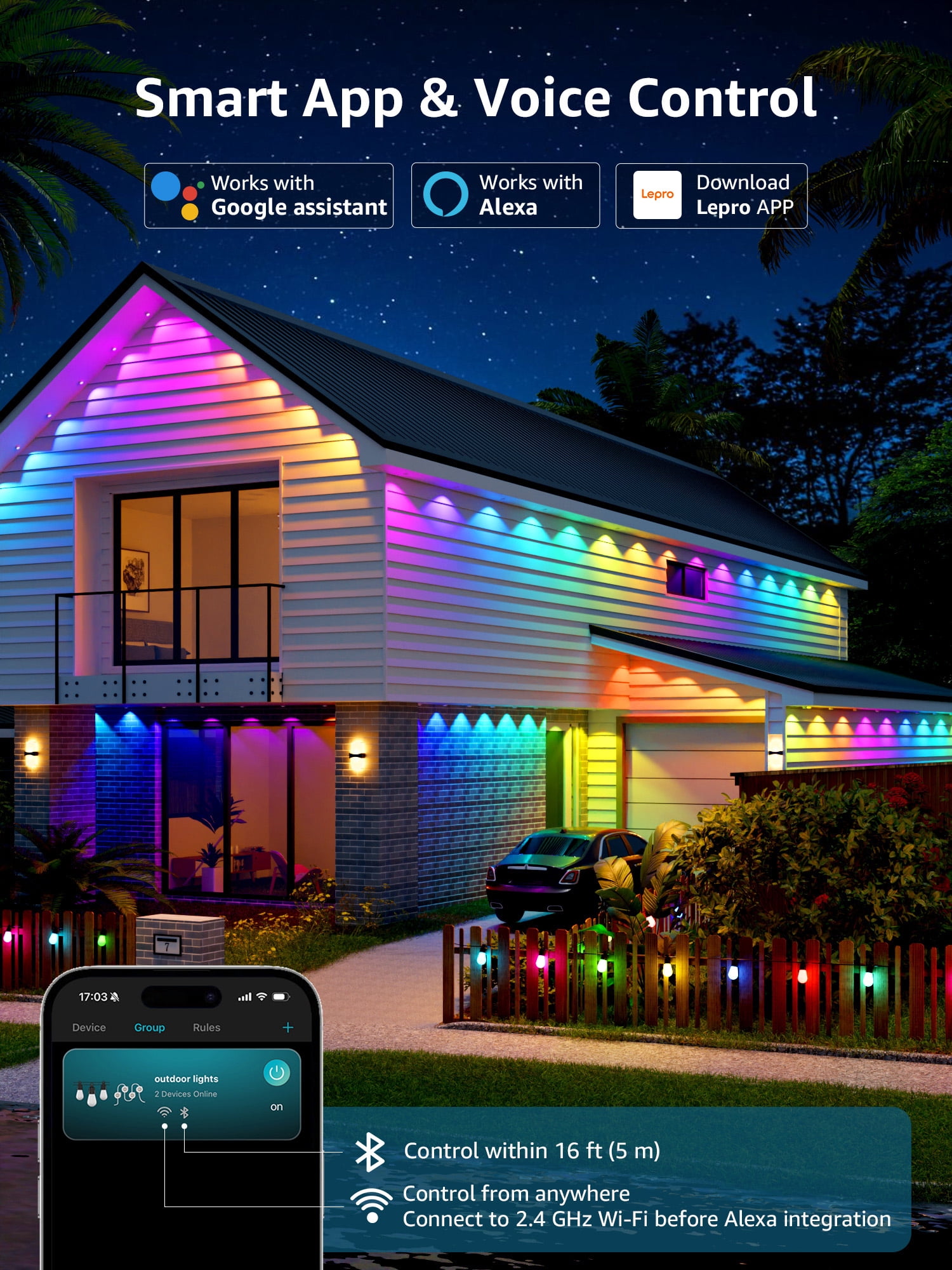 Lepro E1 AI Permanent Outdoor Lights 150FT, Smart RGB+IC Color Changing LED Eaves Lights APP Control Work with Alexa&Google Assistant (2.4 GHz WiFi), Waterproof for House, Halloween Christmas Decor