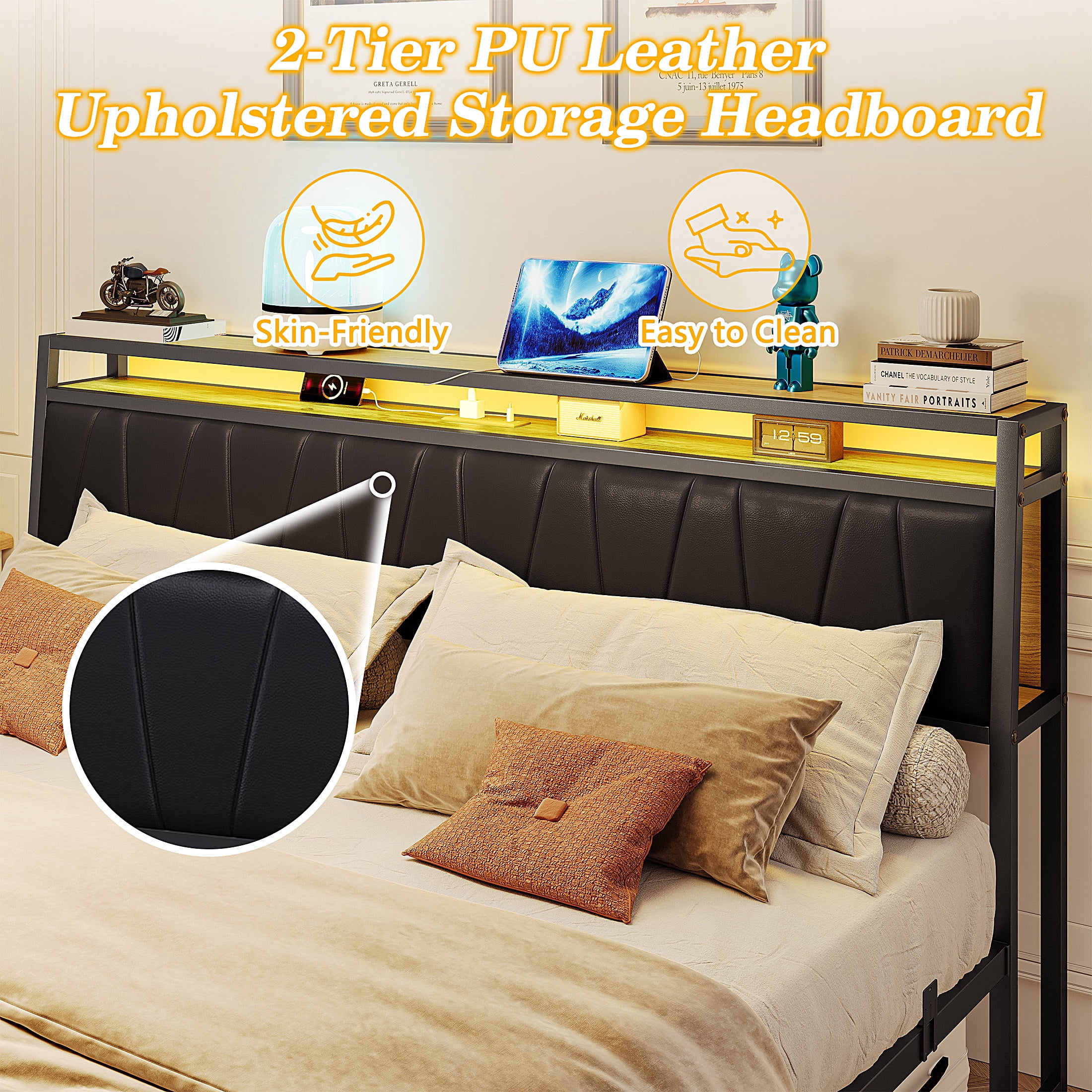 PORKISS King Size Bed Frame with Storage Headboard, LED Upholstered Bed Frame King with Charging Station, Light up King Size Platform Metal Bed Frame, No Box Spring Needed, PU Leather Black