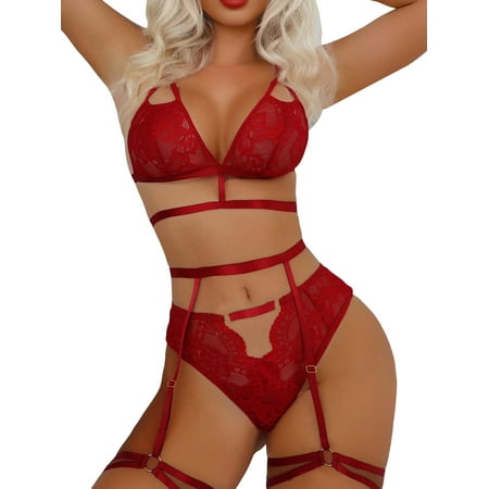Lingerie for Women  Sexy Lingerie for Women Plus Size  Lingerie Set Floral Lace Bra and Panty  Women s Floral Lace Spaghetti Strap Triangle Garter Lingerie Set  Red(XL)