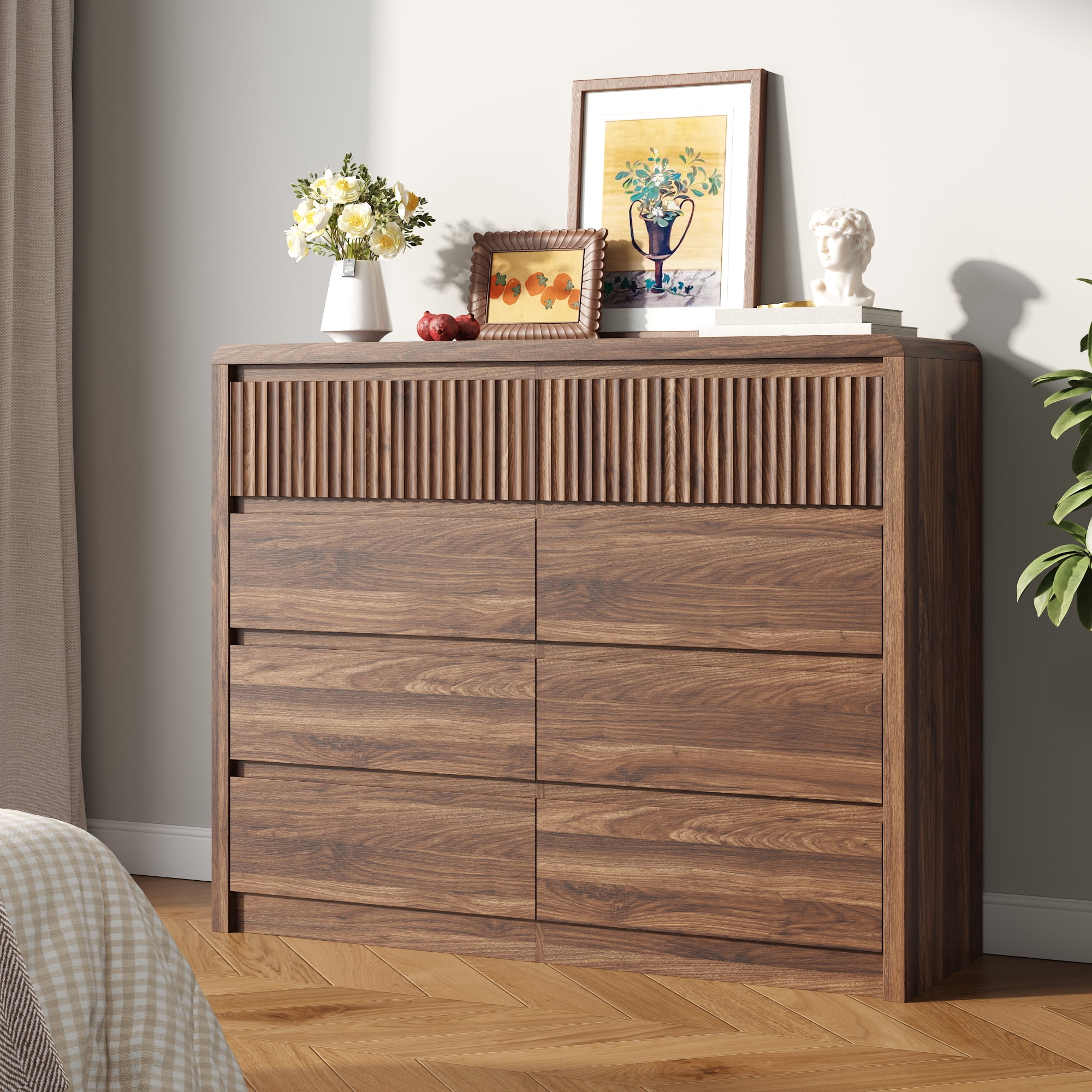 ASTUVIA 8 Drawers Dresser for Bedroom, 49.2" W Modern Chest of Drawers with Curved Profile Design, Mid Century Fluted Storage Dressers Organizer,Brown