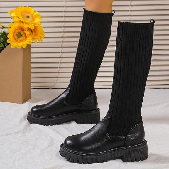 Wavsuf Combat Boots for Women Low Heel Mid Calf Chunky Winter Black Shoes Size 37
