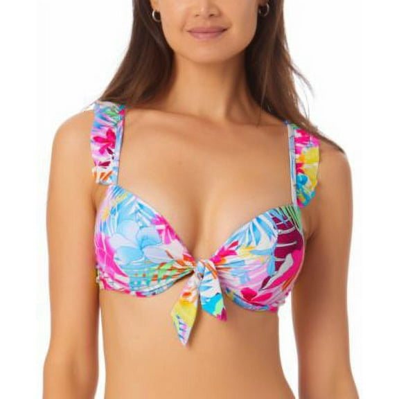 $20 California Waves Juniors Printed Ruffle-Trim Underwire Bikini Top White XL