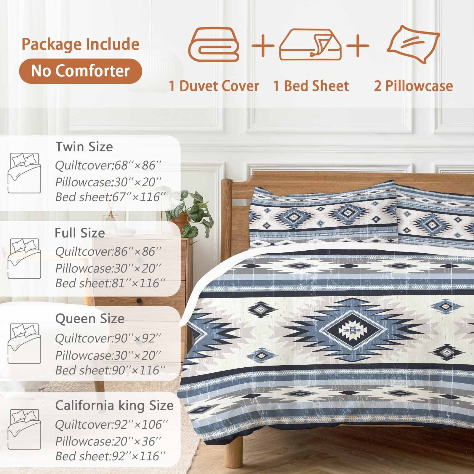 Blue Southwestern Bedding Duvet Cover Set King Size 4 Pieces Native Aztec Ethnic Style Geometric Bedding Set with Zipper Closure, 1 Comforter Cover 92x106 Inches 1 Flat Sheet & 2 Pillow Cases