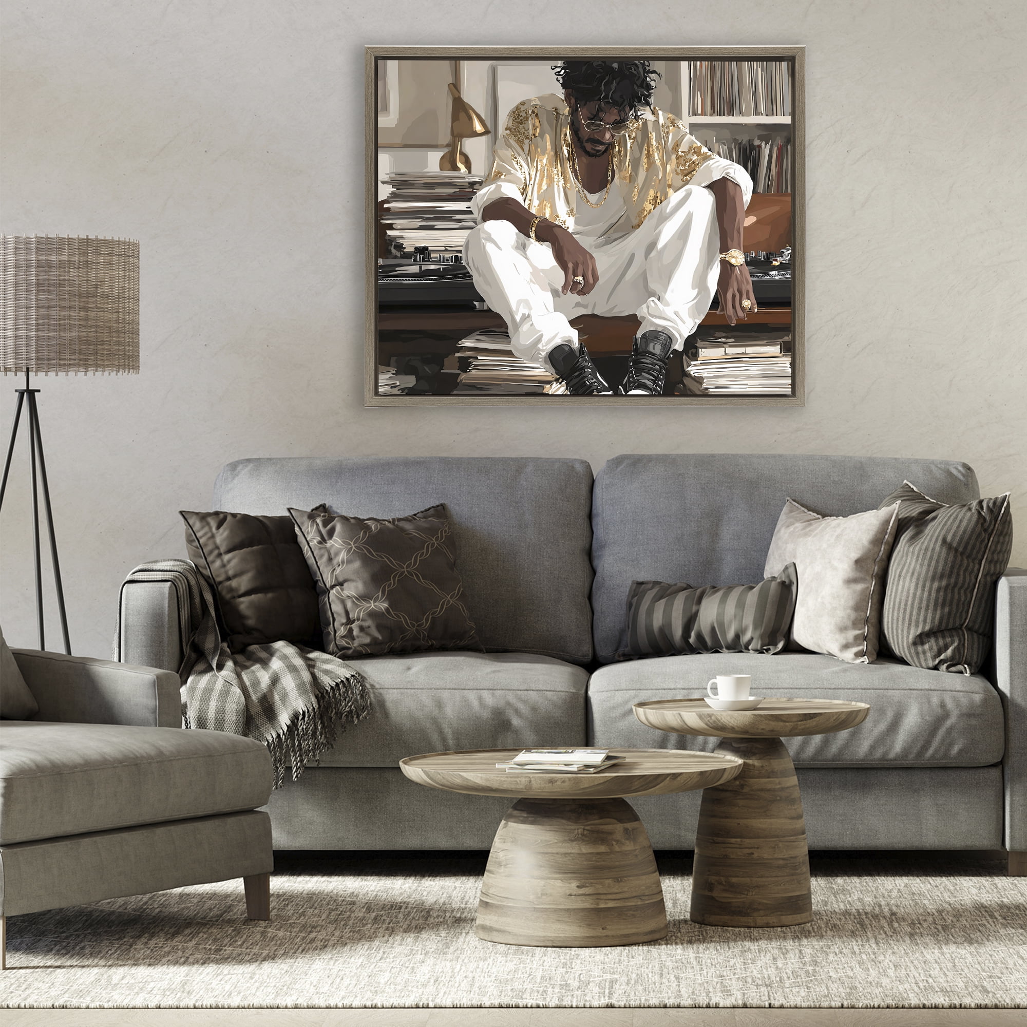Stupell Industries DJ with Record Collection Brown Framed Floater Canvas Wall Art, design by Franklyn Gregory