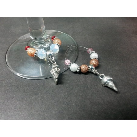 Ice Cream Cake Pie Theme Set of 2 Wine Drink Marker Charms Glass and Silver