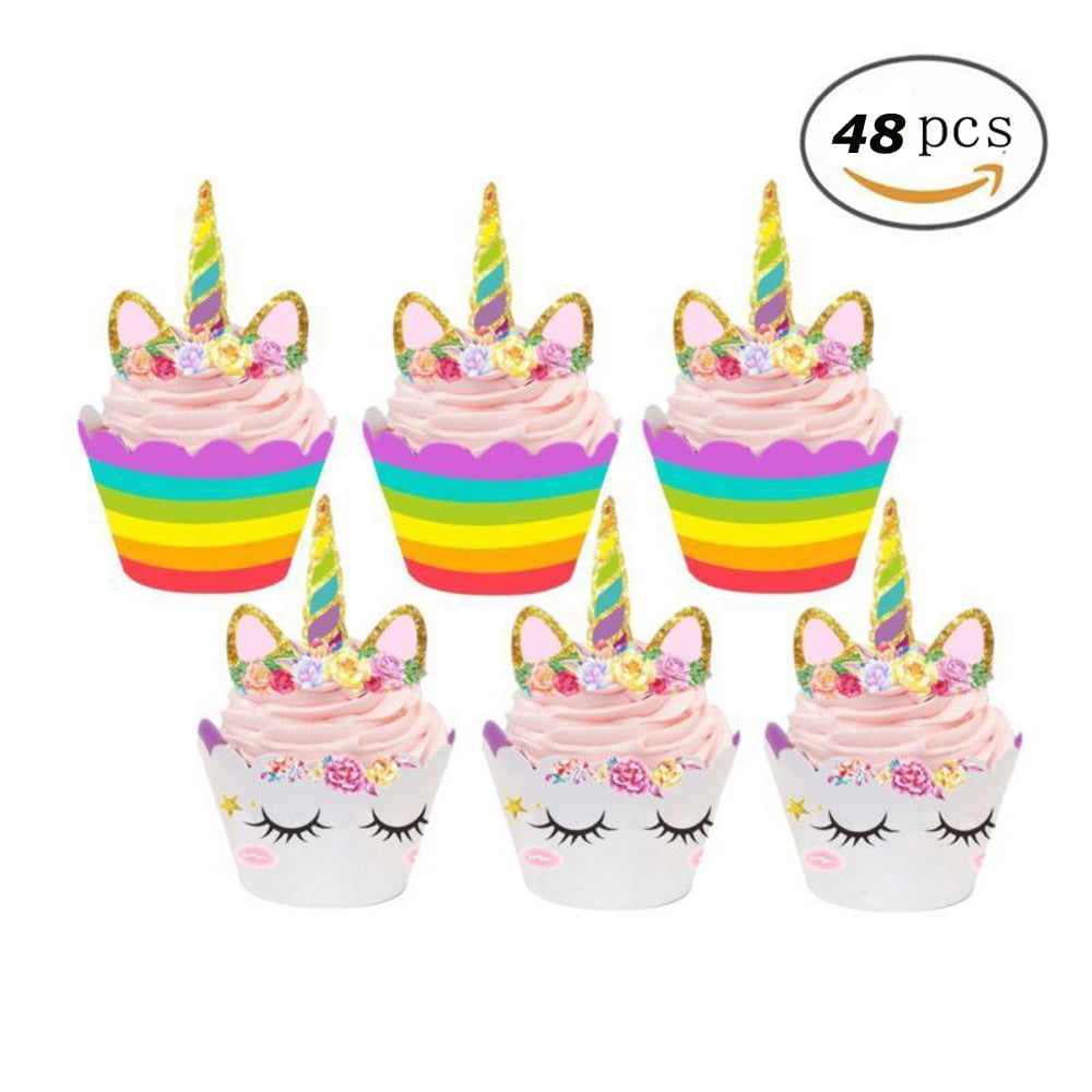 Set of 24 Unicorn Cupcake Toppers and Wrappers Double Sided Kids Cake Decoration