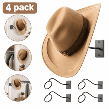 4 Pack Wall Mounted Cowboy Hat Rack, Hat Hooks for Wall,Hat Display Wall Mount, Wall Mounted Hat Rack Display, Cowboy Hat Storage Rustic Metal Hat Hanger Organizer for Cowboy Hat, Wide Brim Sun Hats