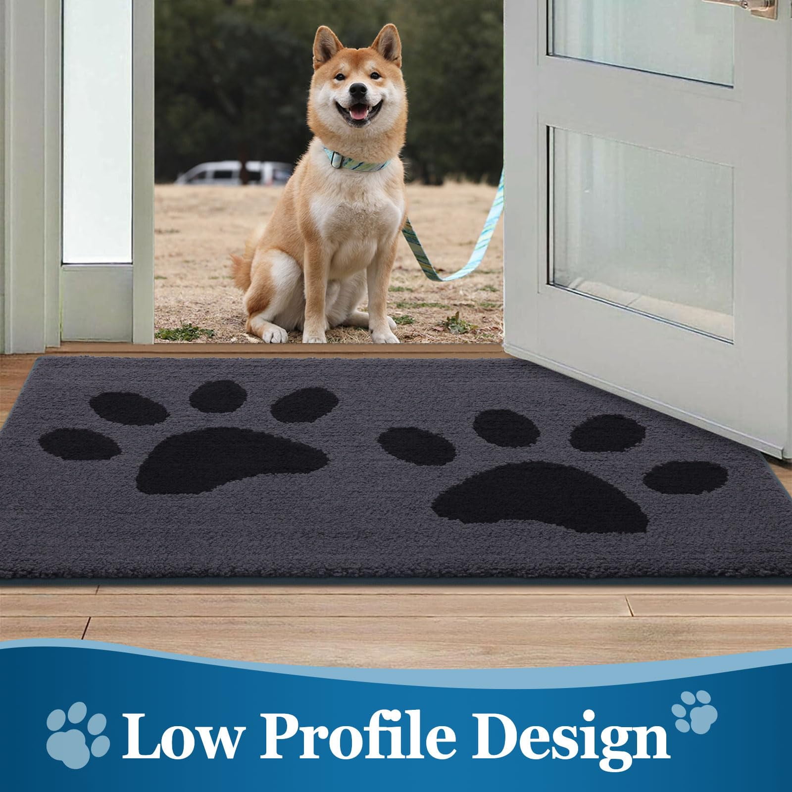 Smiry Dog Door Mats for Muddy Shoes and Paws, Non Slip Low-Profile Washable Indoor Doormats, Absorbent Dirt Trapper Entryway Rugs, 36"x24", Black