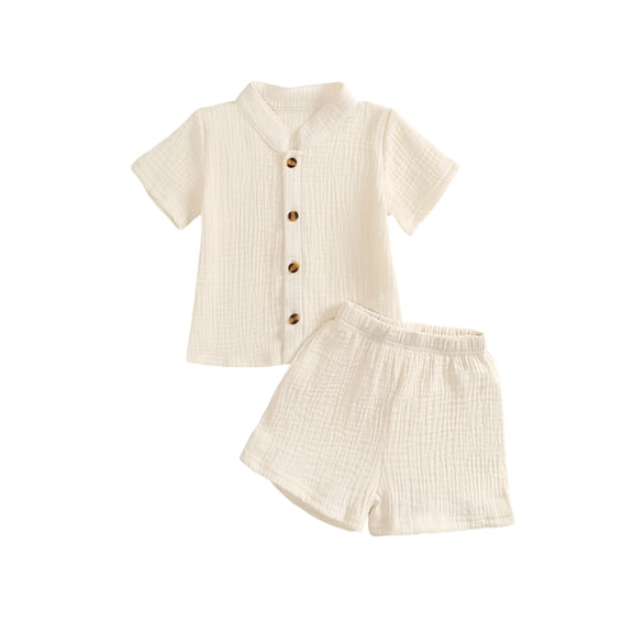 BemeyourBBs Toddler Baby Boy Summer Clothes 2 Pieces Cotton Linen Outfit Solid Color Mock Neck Short Sleeve Button Down Shirt and Shorts Set