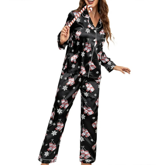 Women’s Stain Pajamas Set, Soft Long Sleeve Button Down Shirt Pants Set Sleepwear