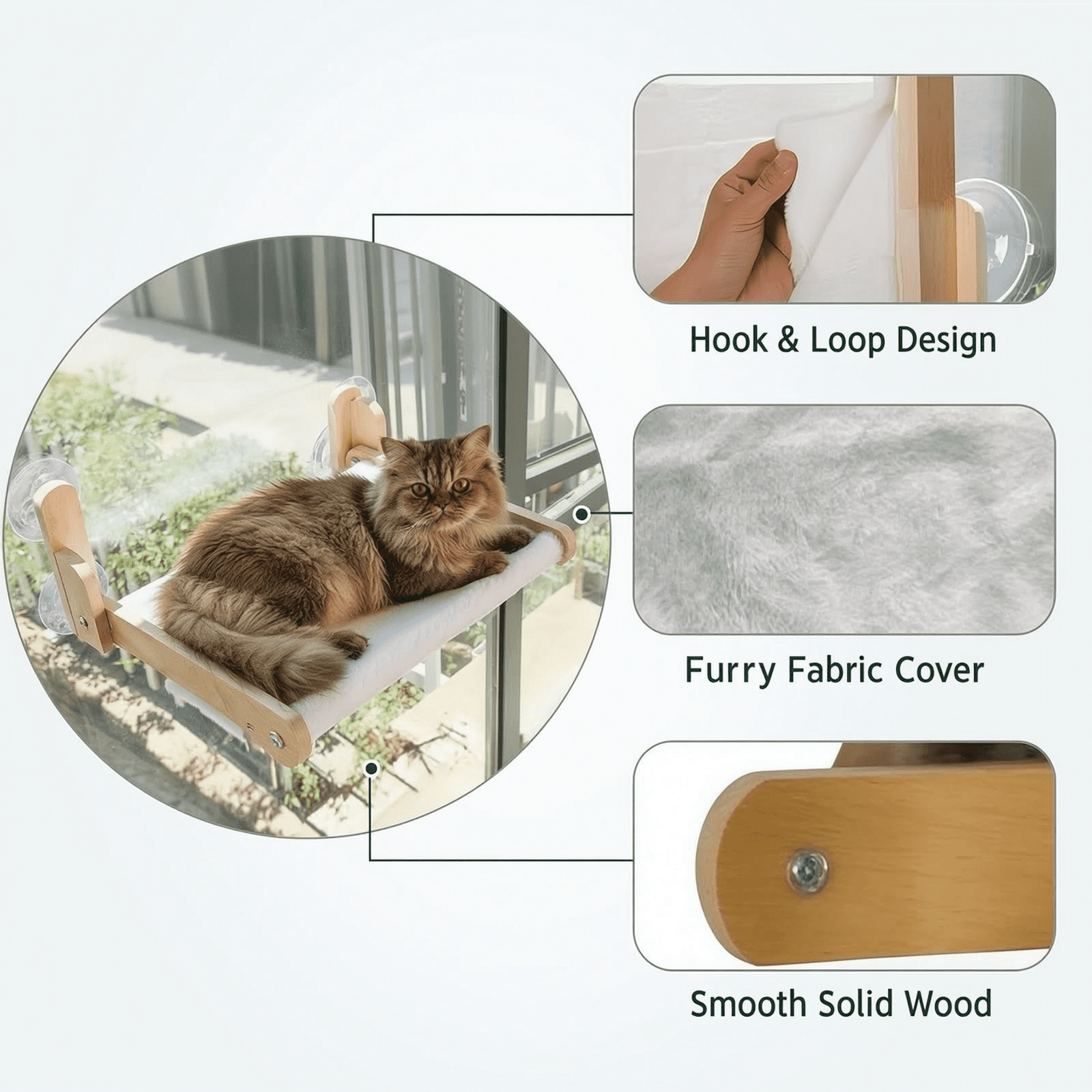 Cat Window Perch with Wooden Frame, Foldable Cat Hammock Bed for Indoor Cats, Soft Plush Cover, Strong Suction Cups, No Drilling, Cat Window Hammock for Small Size Windows