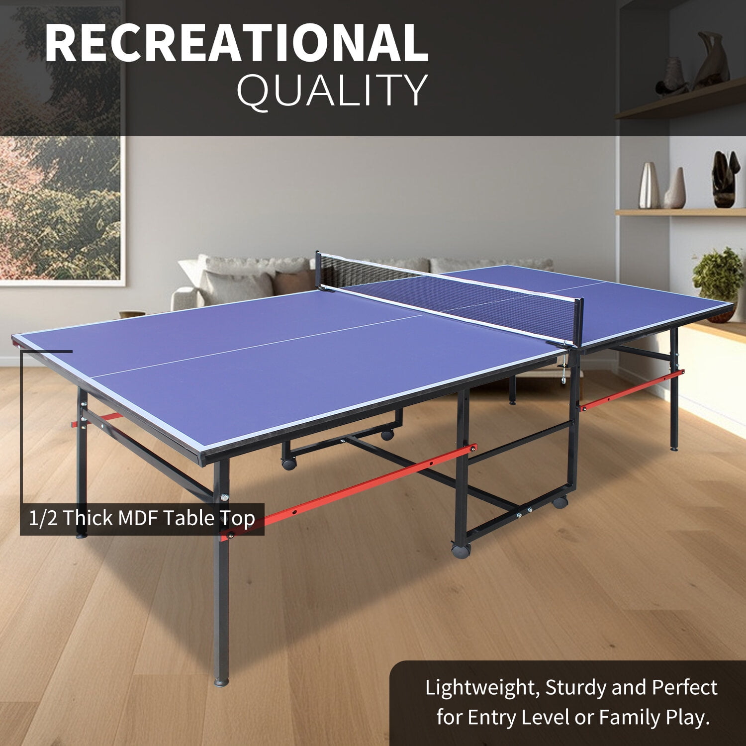 8ft Foldable Ping Pong Table Set with Net, 2 Paddles & 3 Balls, Portable MDF Table Tennis Table for Indoor Games, Compact Storage, Blue