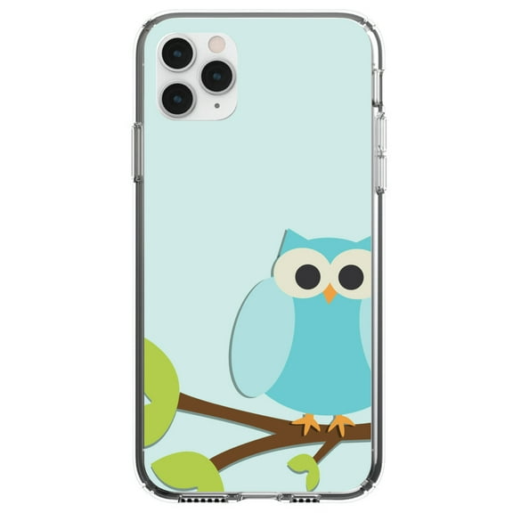 DistinctInk Clear Shockproof Hybrid Case for iPhone 11 Pro (5.8" Screen) - TPU Bumper, Acrylic Back, Tempered Glass Screen Protector - Blue Owl Cartoon - Cartoon Owls