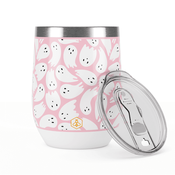 Biddlebee Pink Ghosts 12oz Wine Tumbler with Lid – Cute Halloween Cup