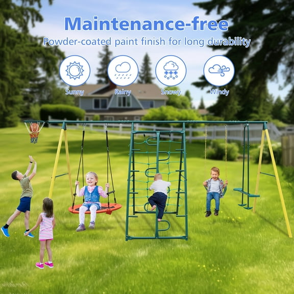 YIYADO 6-in-1 Swing Set, A-Frame, Dish Swing, Easy Assembly, 2 Kids Playing at The Same Time, Outdoor